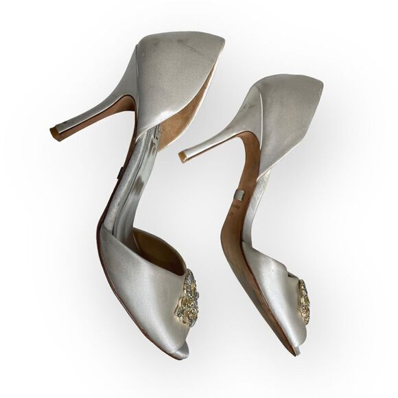 Badgley Mischka Crystal Embellished Wedding Peep Toe Heels Shoes - Picture 6 of 9